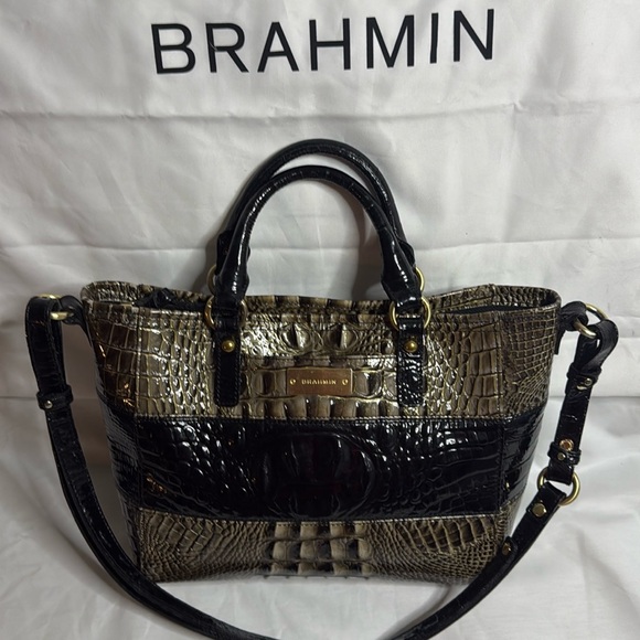 Brahmin Mini Asher Black and Brown Croc-Embossed Satchel - Picture 1 of 14